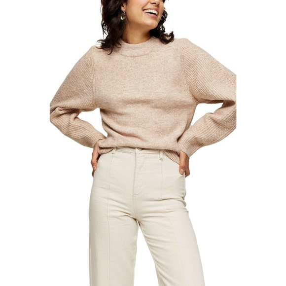NWT Topshop Super Soft Ribbed Sleeve Crew Neck Sweater Pullover Oat Beige Small